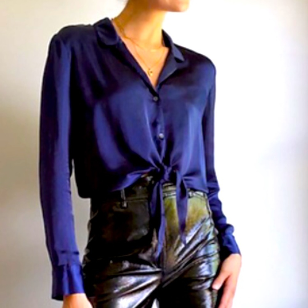 Aritzia Navy Blue Satin Front Tie Shirt